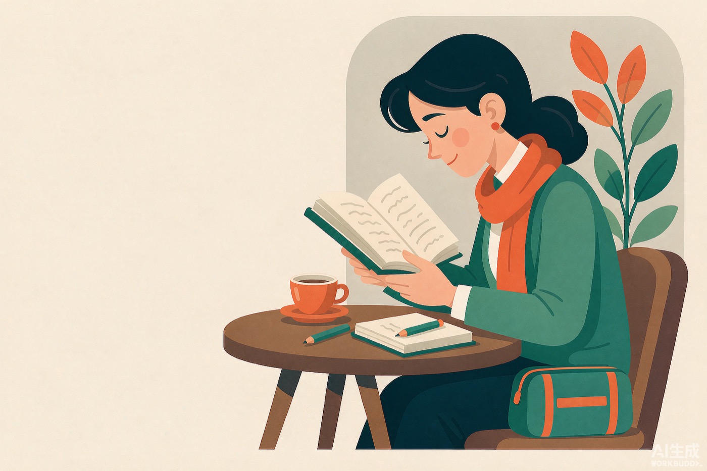 A learner reading Chinese at a cafe table